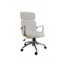 Cadeira Presidente Eames Office Elite Chair - Vinil Branco Madeira Clara