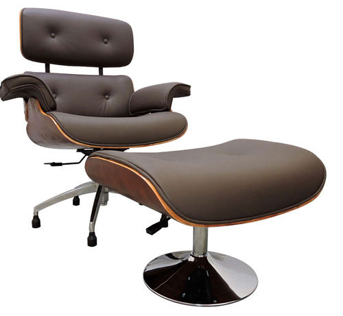 Poltrona Eames Lounge Chair Com Puff Marrom Café Em Couro Legítimo