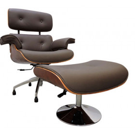 Poltrona Eames Lounge Chair Com Puff Marrom Café Em Couro Legítimo
