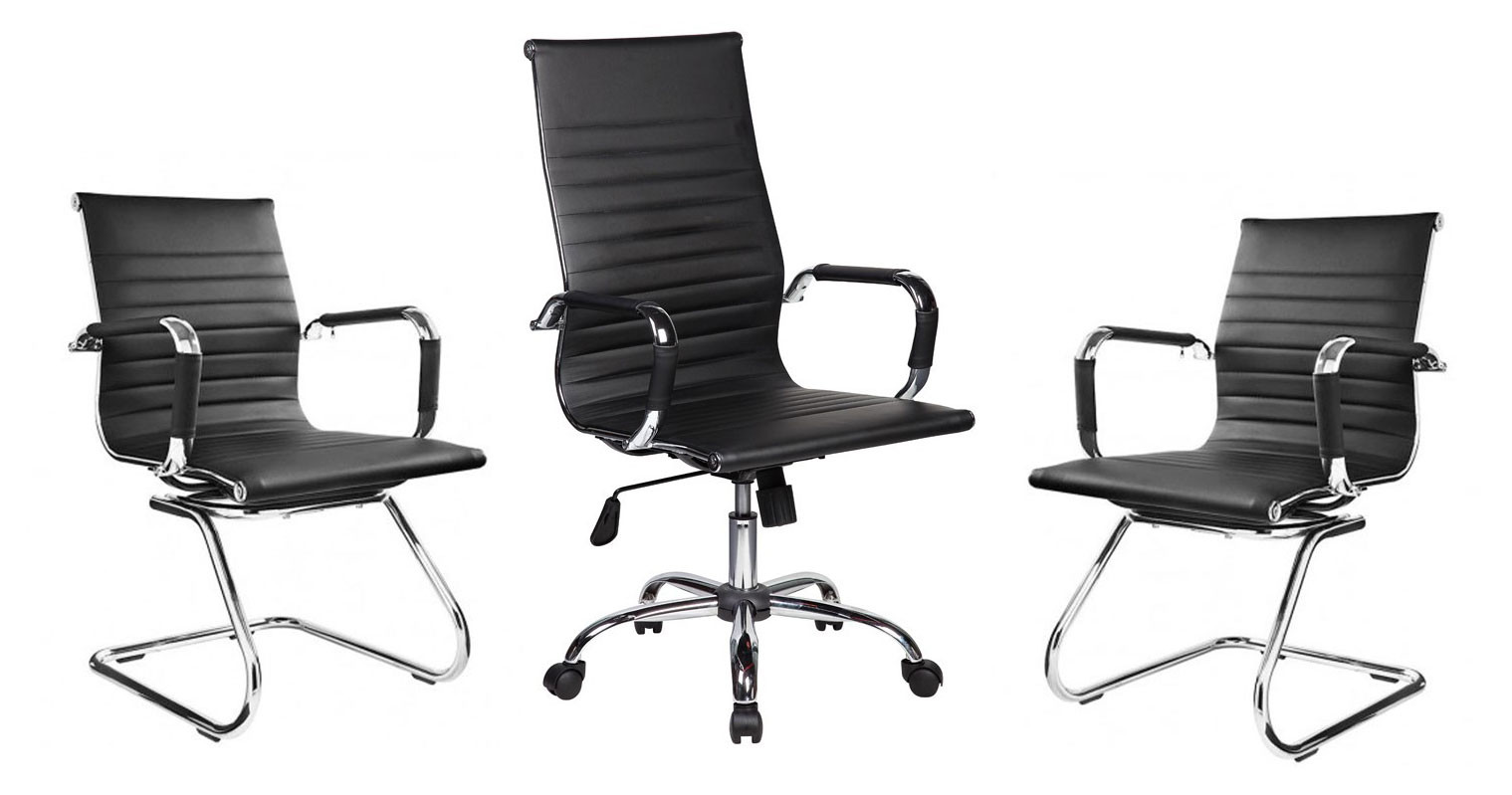 Conjunto de Cadeiras Para Consultório Eames Office (3 Unidades) Base Cromada - Preta